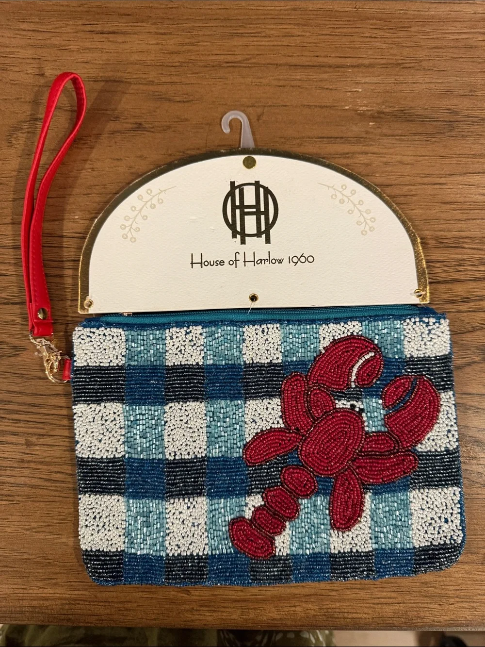 House of Harlow 1960 Blue Check Beaded Clutch with Red Lobster Appliqué Wristlet